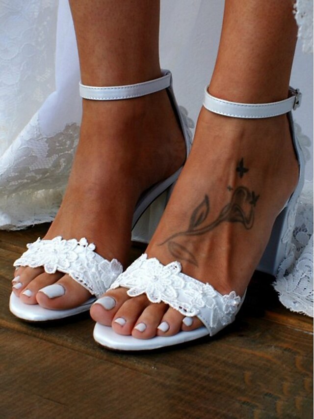 Bridal White for Lace with - Open-Toe Ankle Strap Heels Women