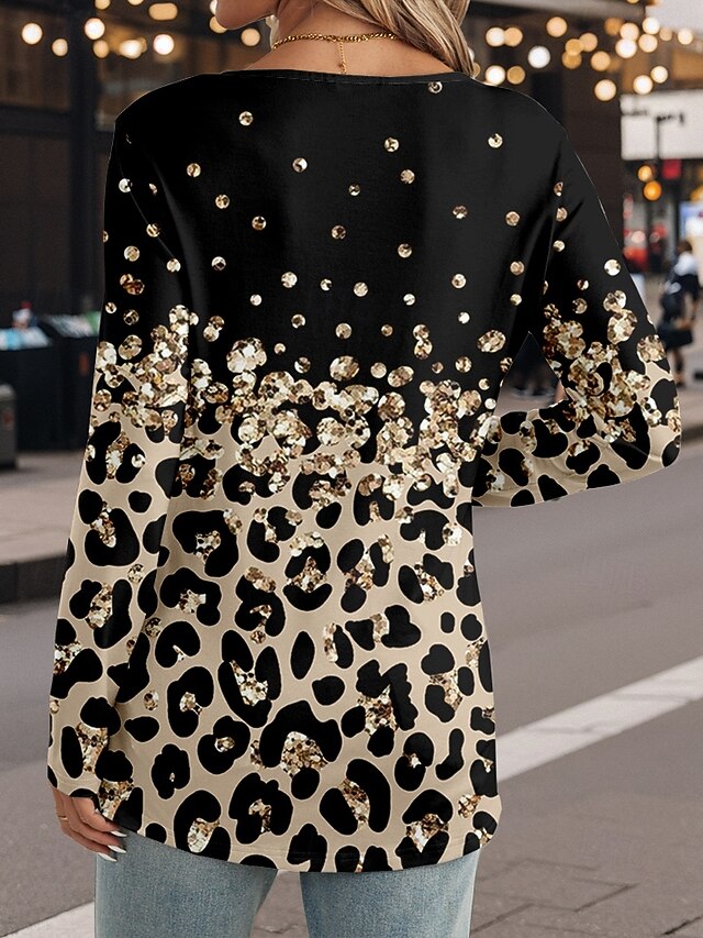 Women's T Shirt Print Leopard Casual Long Sleeve Notched