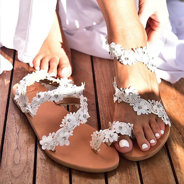 - White Lace Wedding Sandals Beach Floral Women's Perfect