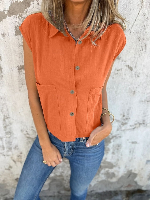 Women's Tank Top Sleeveless Shirt Pocket Buttons Plain