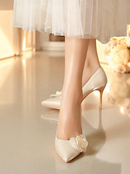 - Women's Elegant Heels Wedding Pointed Satin Ivory Floral