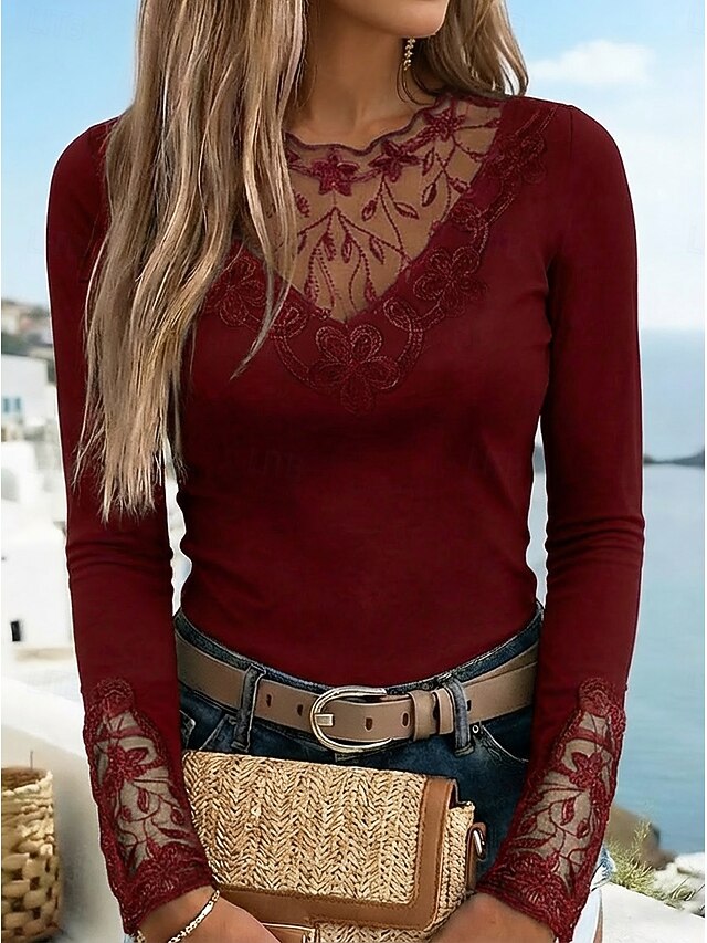 Women's T Shirt Burgundy Tee Mesh Patchwork Top Lace