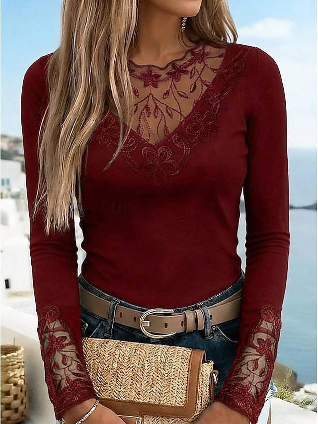 Women's T Shirt Burgundy Tee Mesh Patchwork Top Lace