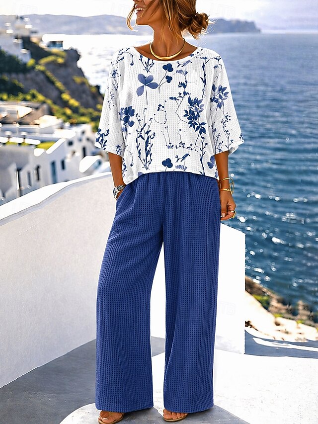 Women's Pants Sets Half Sleeve Round Neck Floral Graphic