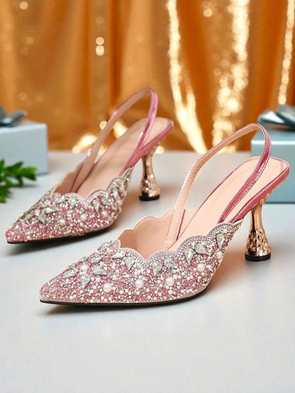 Rhinestone Toe Pointed - Women's Slingback Heels Pink Party
