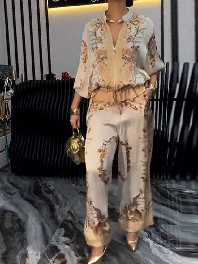 Women's Blouse Pants Sets Long Sleeve Stand Collar Floral
