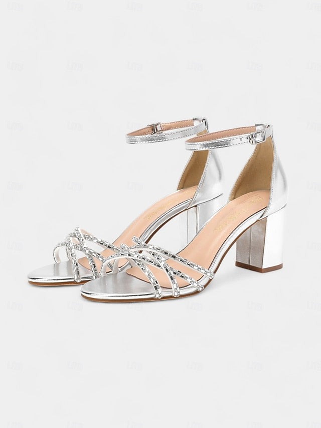 Rhinestone Silver Metallic Block Heel Sandals with Strappy