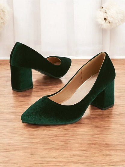 Block Green Heel Pointed Elegant - Women's Pumps Toe Velvet