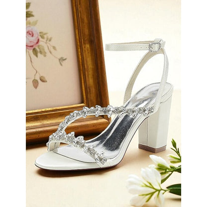 Rhinestone Women's Straps Block Heel - White Sandals with