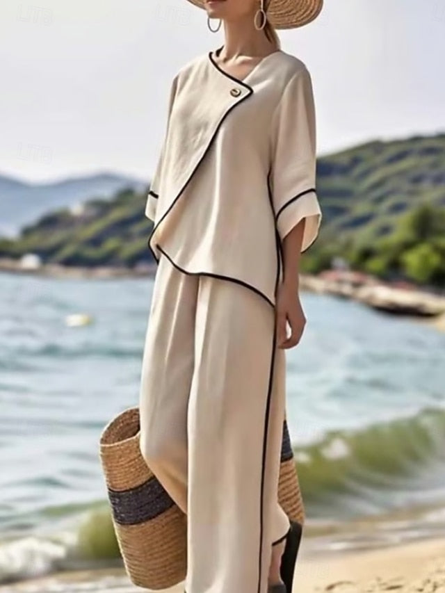 Women's Pants Sets 3/4 Length Sleeve Round Neck Solid Color