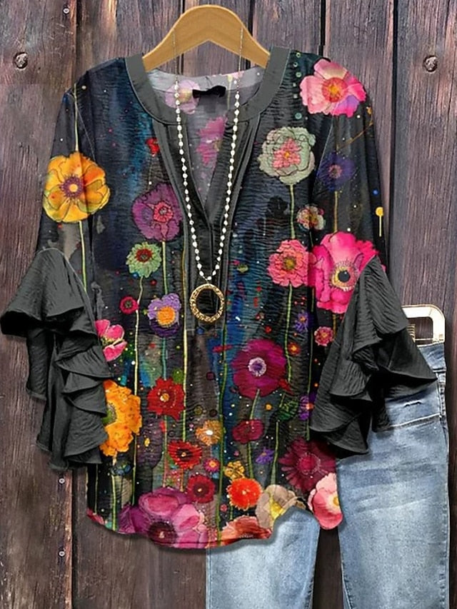 Women's T Shirt Ruffle Print Floral Fashion Modern 3/4