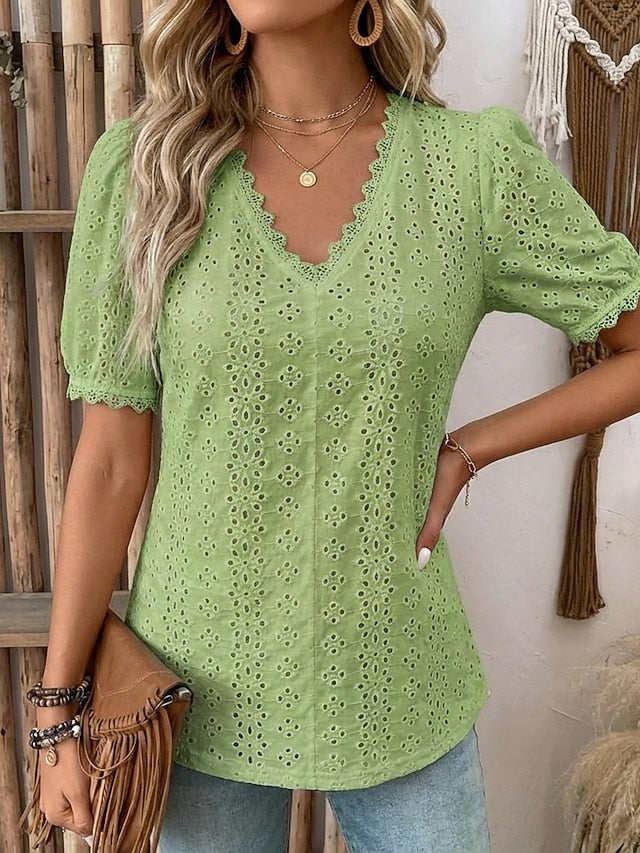 Women's Shirt Blouse Lace Solid Color Stylish Casual Short