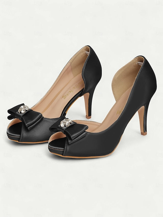 Bow Heels Women's Peep Satin with Champagne and Toe