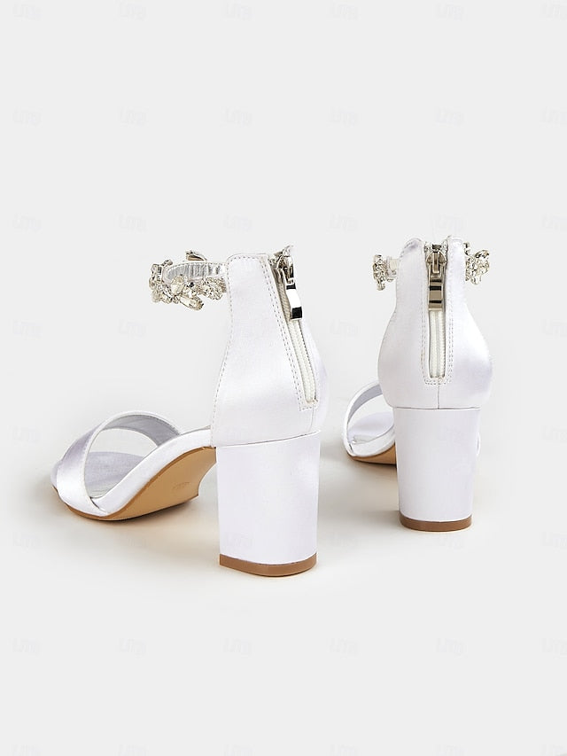 Sandals Heel Block Bridal Satin Ankle with Floral Strap White