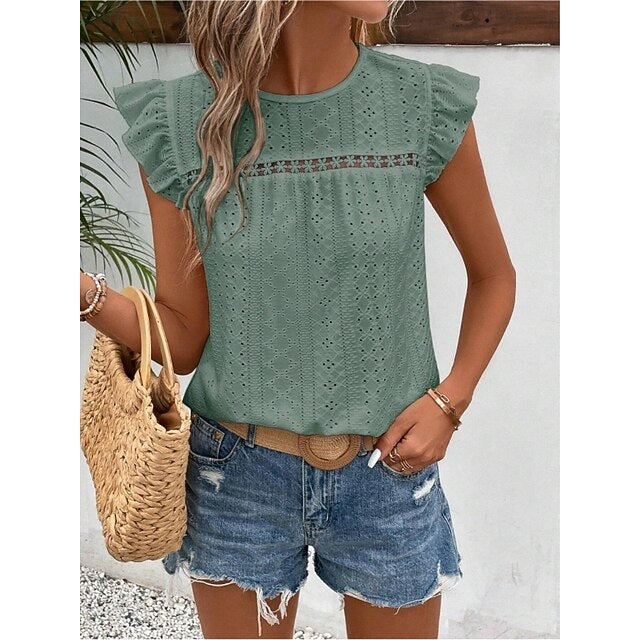 Women's T Shirt Tee Top Ruffle Eyelet Plain Fashion Stylish