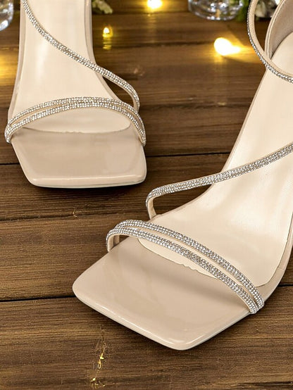 Block Rhinestone White Straps Sandals with - Women's Heel