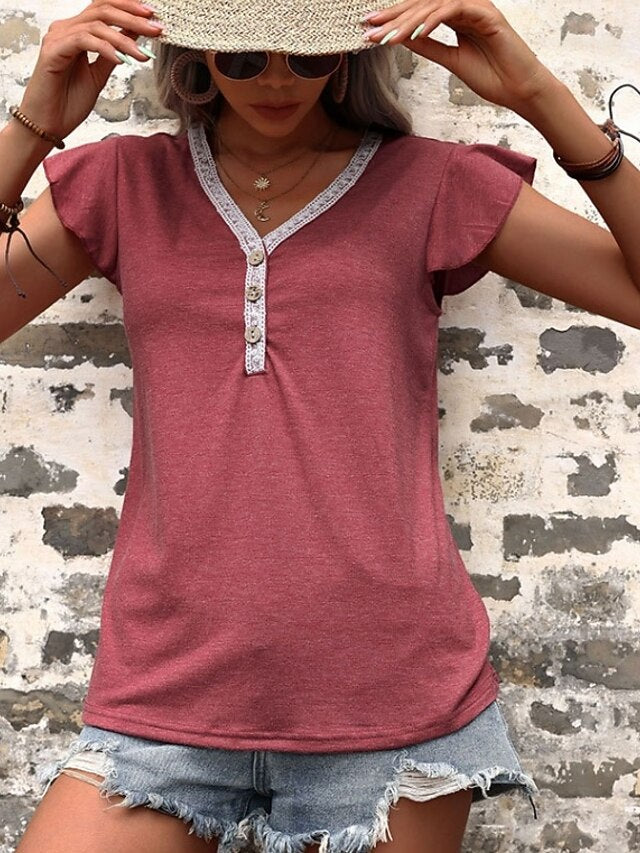Women's T Shirt Quarter Button Tee Lace Vintage Stylish