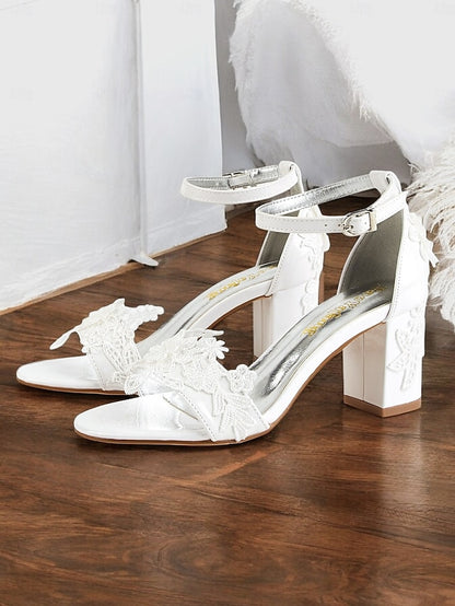 Bridal White for Lace with - Open-Toe Ankle Strap Heels Women