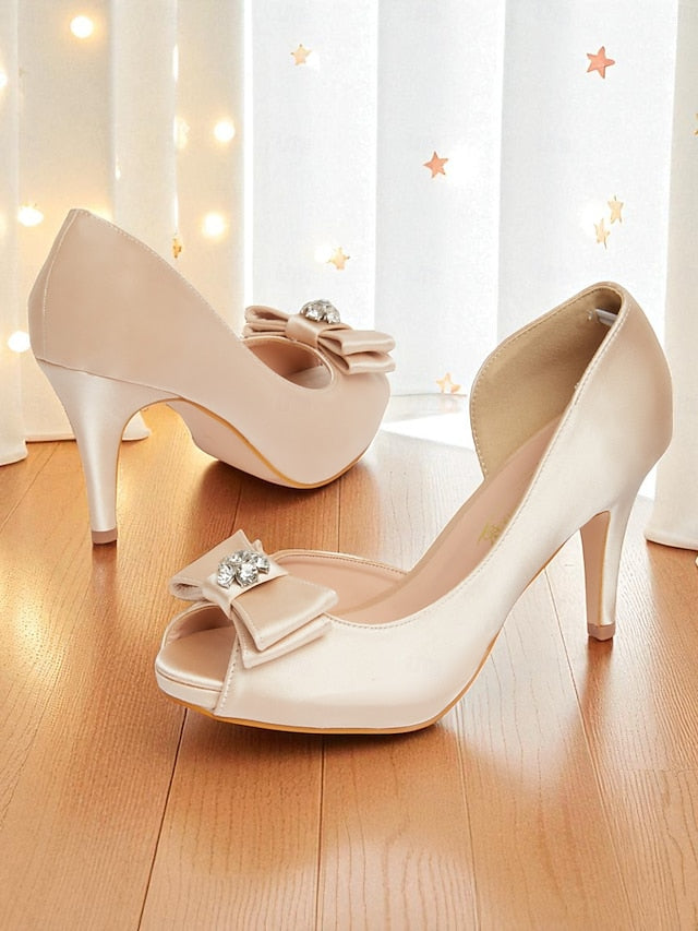 Bow Heels Women's Peep Satin with Champagne and Toe