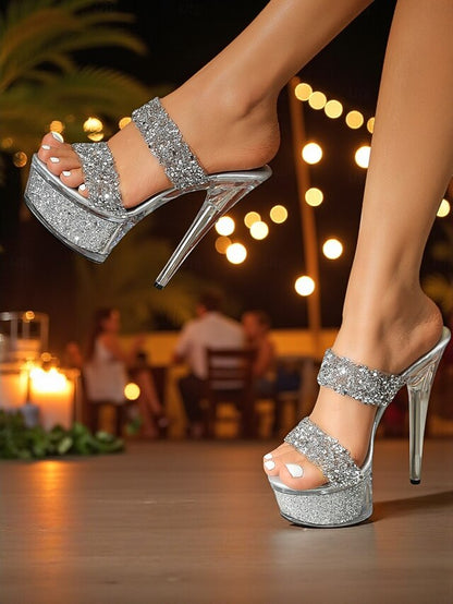 Women's Glitter High - Rhinestone Mules Platform Peep Heel