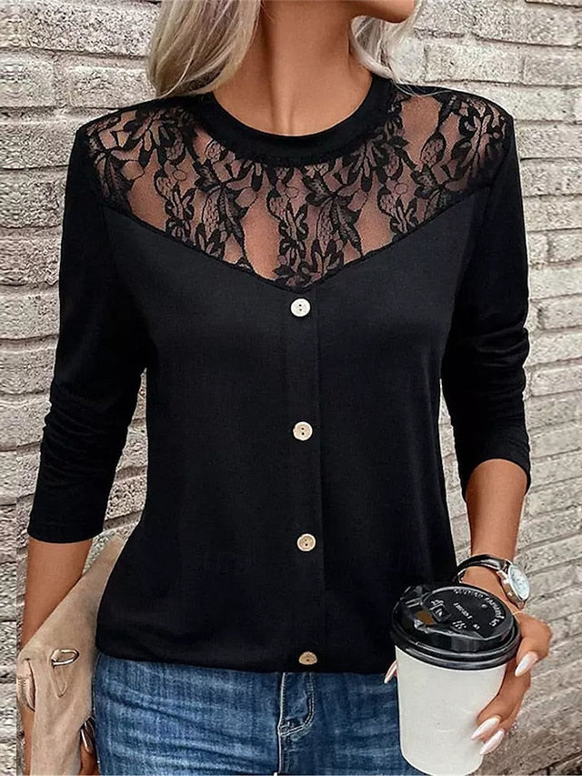 Women's Elegant Lace Tops Eyelet Sexy Blouse Casual Solid