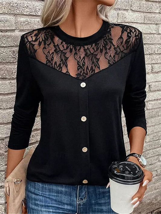 Women's Elegant Lace Tops Eyelet Sexy Blouse Casual Solid