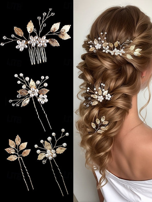 Set Pearls Hair with and Silver Leaf Faux Bridal Gold Accessory