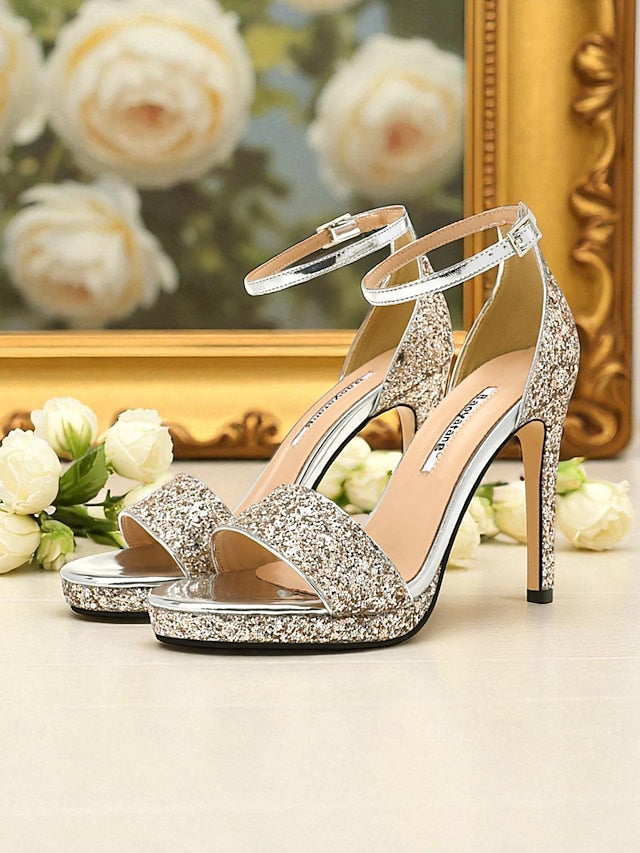 Women's High Silver Heel with Sandals Ankle Strap Glitter
