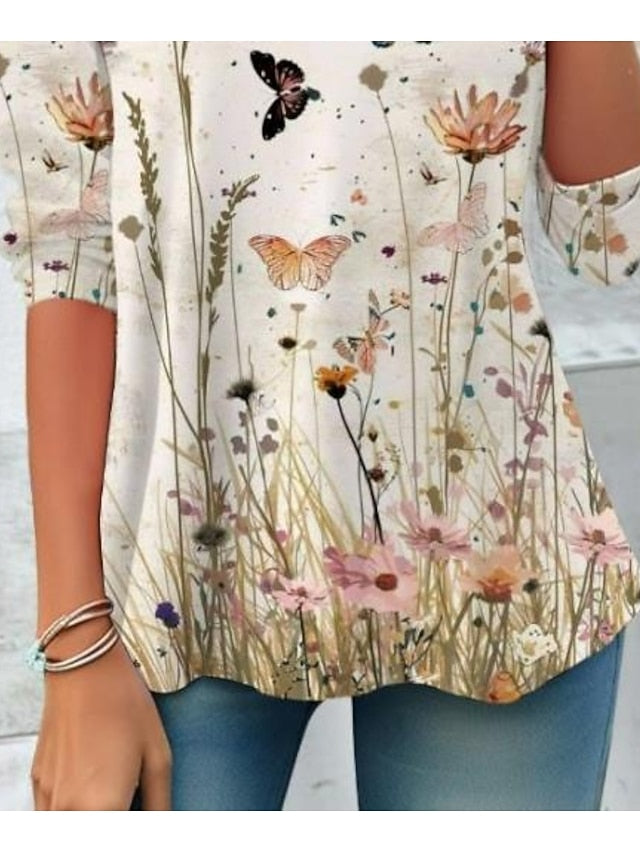 Women's T shirt Crew Neck Long Sleeve Tunic Floral Elegant