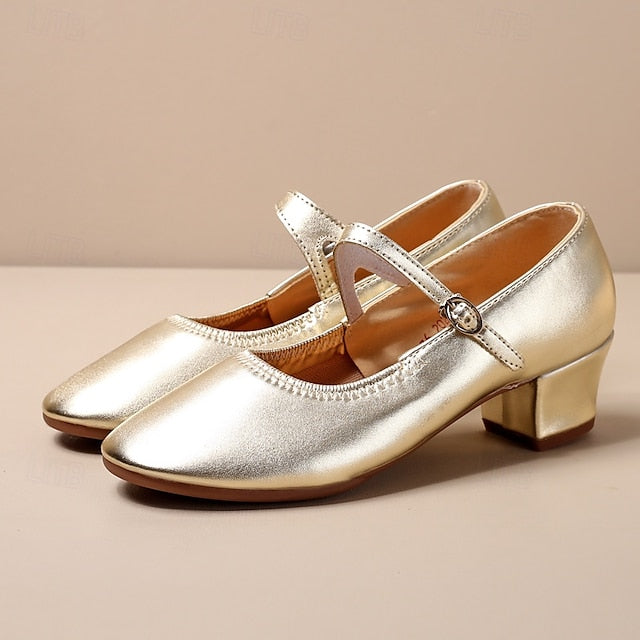 Women's Heel Low Dance with Buckle Gold Shoes Mary Jane