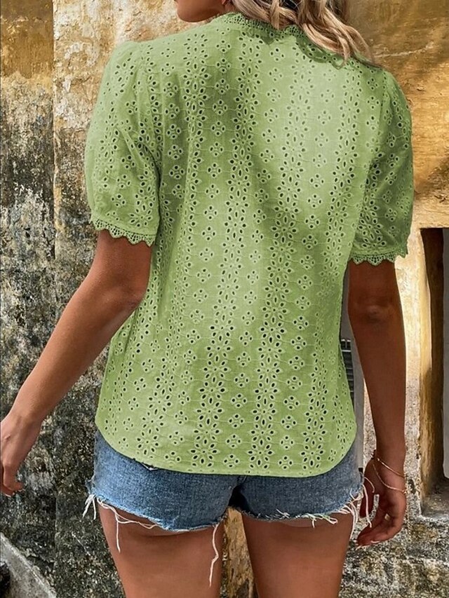 Women's Lace Splicing Top Blouse Lace Buttons Solid Color