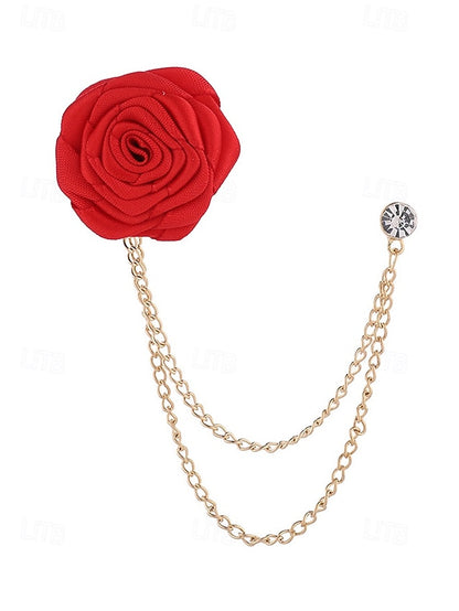 Lapel Elegant Pin – Red Men's Chain with Gold Rose