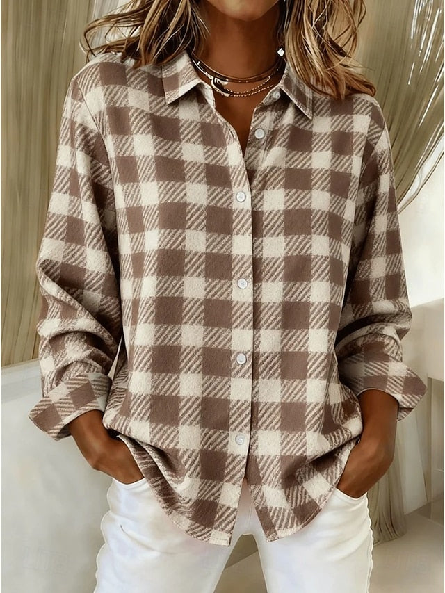 Women's Shirt Blouse Plaid Casual Long Sleeve Shirt Collar