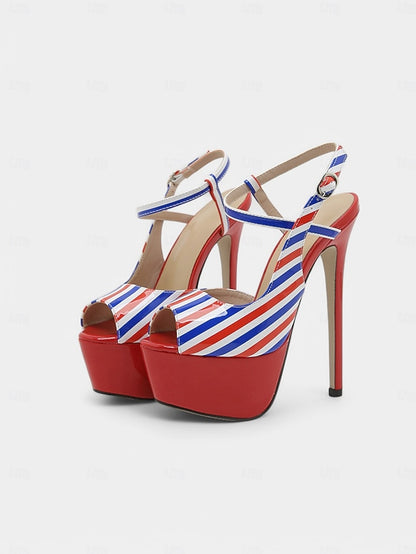 Platform Red White Striped and Blue Stiletto Heels Women's