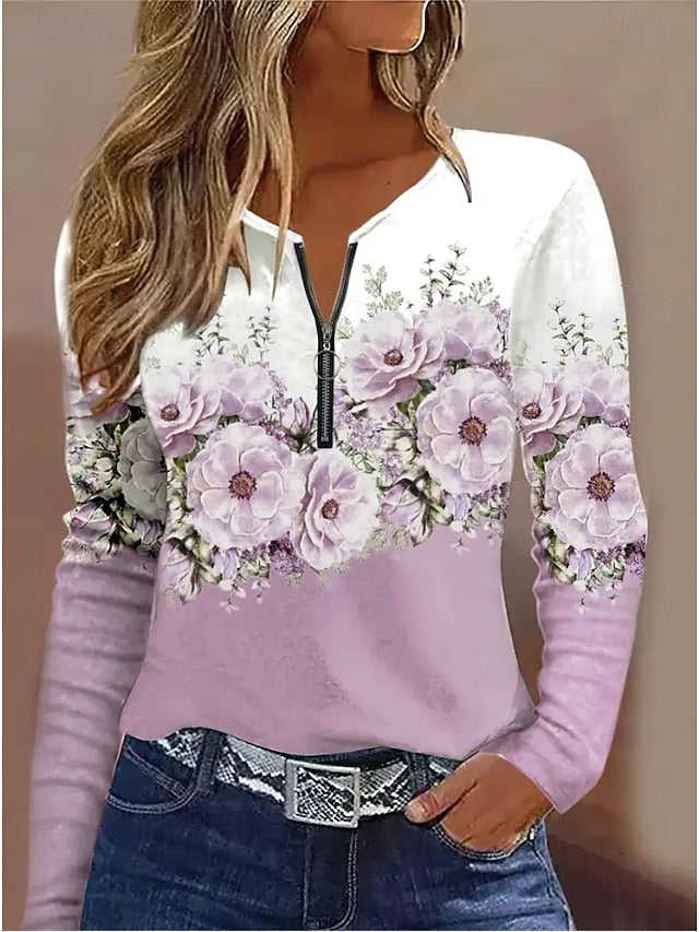 Women's T Shirt Quarter Zip Long Sleeve Casual Graphic