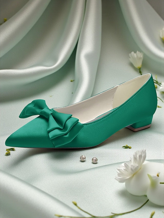 - Bow Satin Flats Women's Pointed Toe Green Elegant