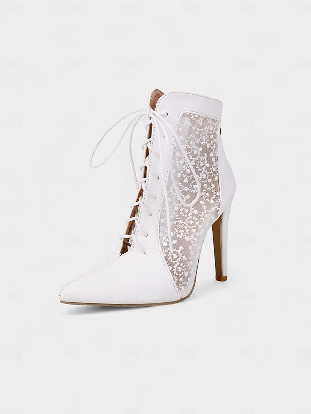 Women's Ankle White Booties Lace with Mesh Stiletto Heels