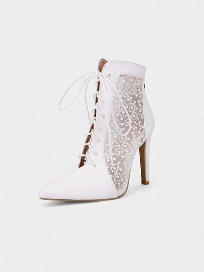 Women's Ankle White Booties Lace with Mesh Stiletto Heels