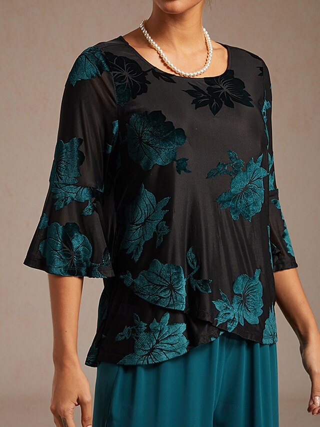 Women's Dressy Tops Floral Elegant Flutter Sleeve Velvet