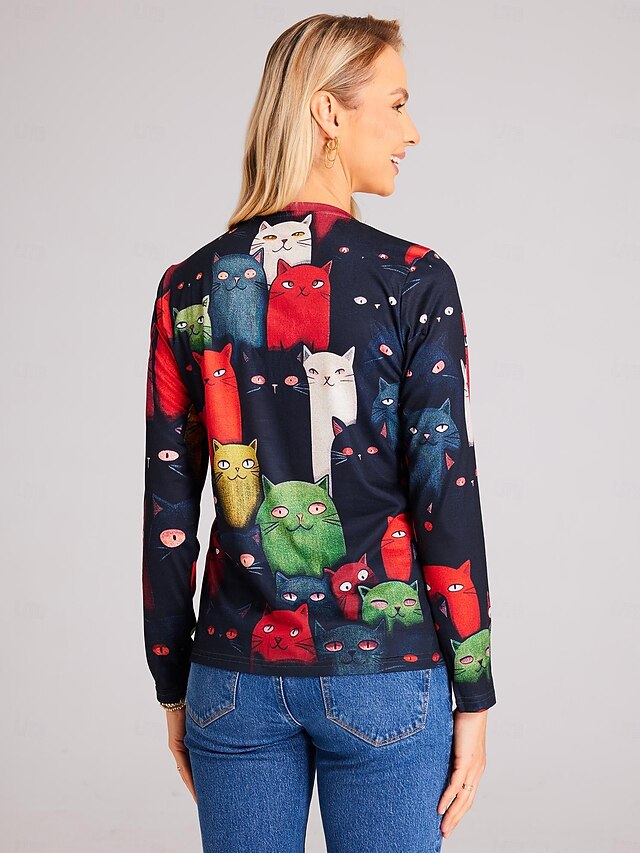 Women's T shirt Long Sleeve Crew Neck Long Sleeve Tunic Cat