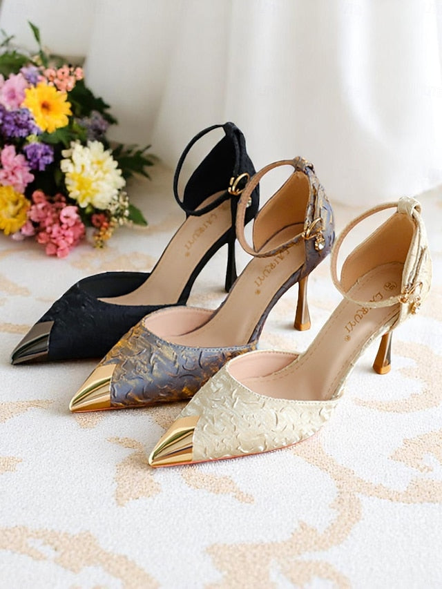 Satin and Accents Women's Beige Heels Toe Gold with Pointed