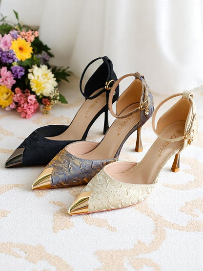 Satin and Accents Women's Beige Heels Toe Gold with Pointed