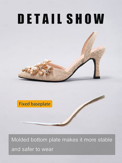 - Detailing Black Satin Heels Slingback Women's Pearl with