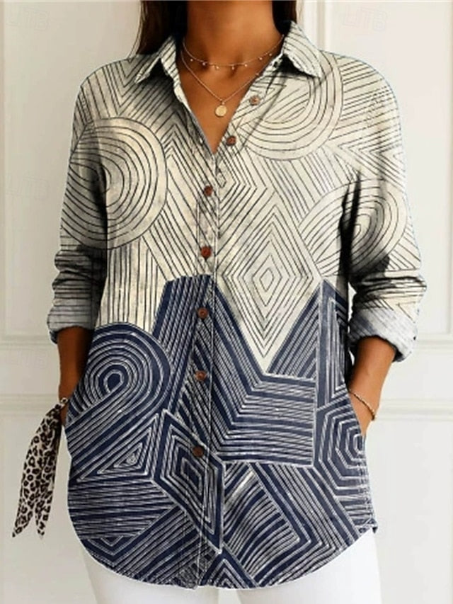 Women's Shirt Blouse Buttons Color Block Modern Casual Long