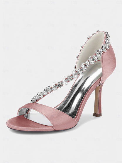 Champagne Crystal Satin High T-Strap Women's Heels with –