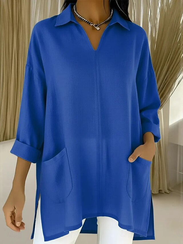 Women's Tunic Cotton Shirt Faux Cotton Linen Pocket Solid