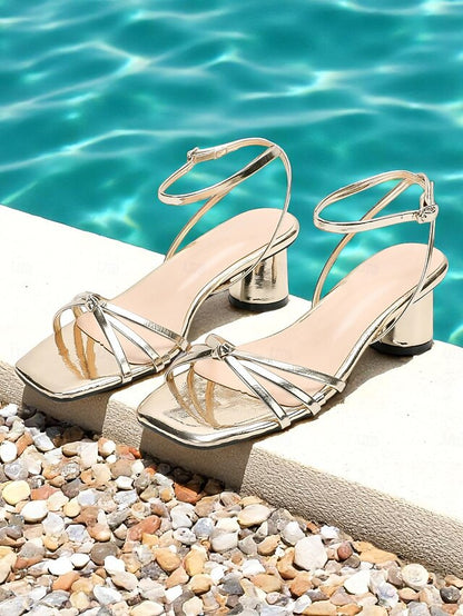 Heels Women's Metallic Gold Shiny Block Ankle – Strap