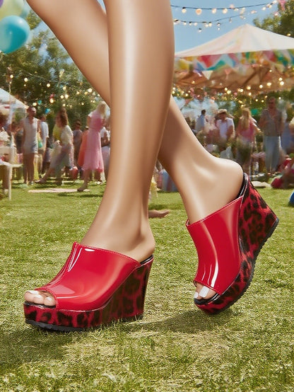 Peep - Leopard Patent Red Leather Sandals Toe Women's Wedge