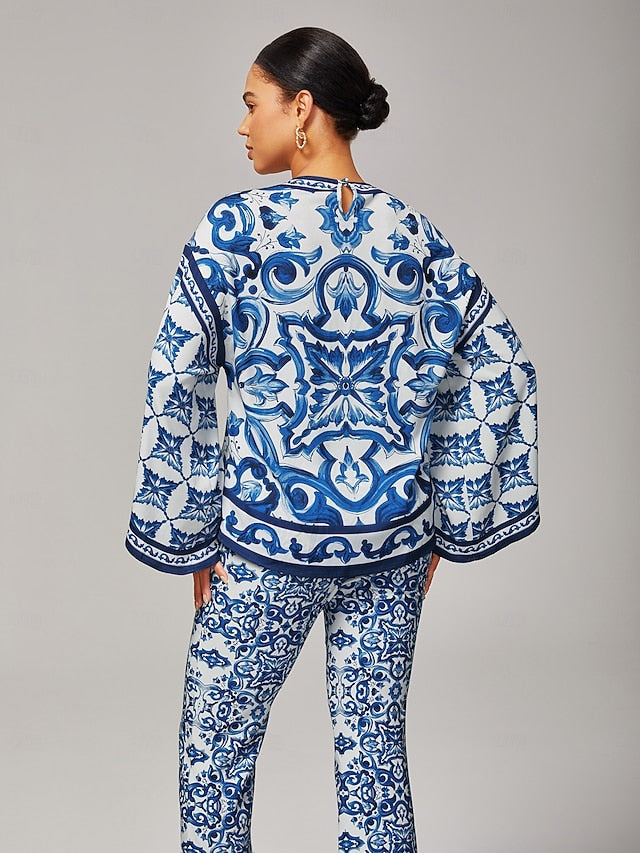 Women's Blue and White Porcelain Print Satin Pullover Round