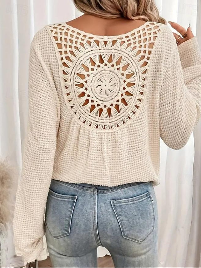 Women's Boho Shirt Blouse Eyelet Solid Color Plain Stylish